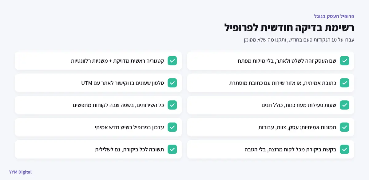 רשימת בדיקה חודשית לפרופיל העסק בגוגל: 10 נקודות